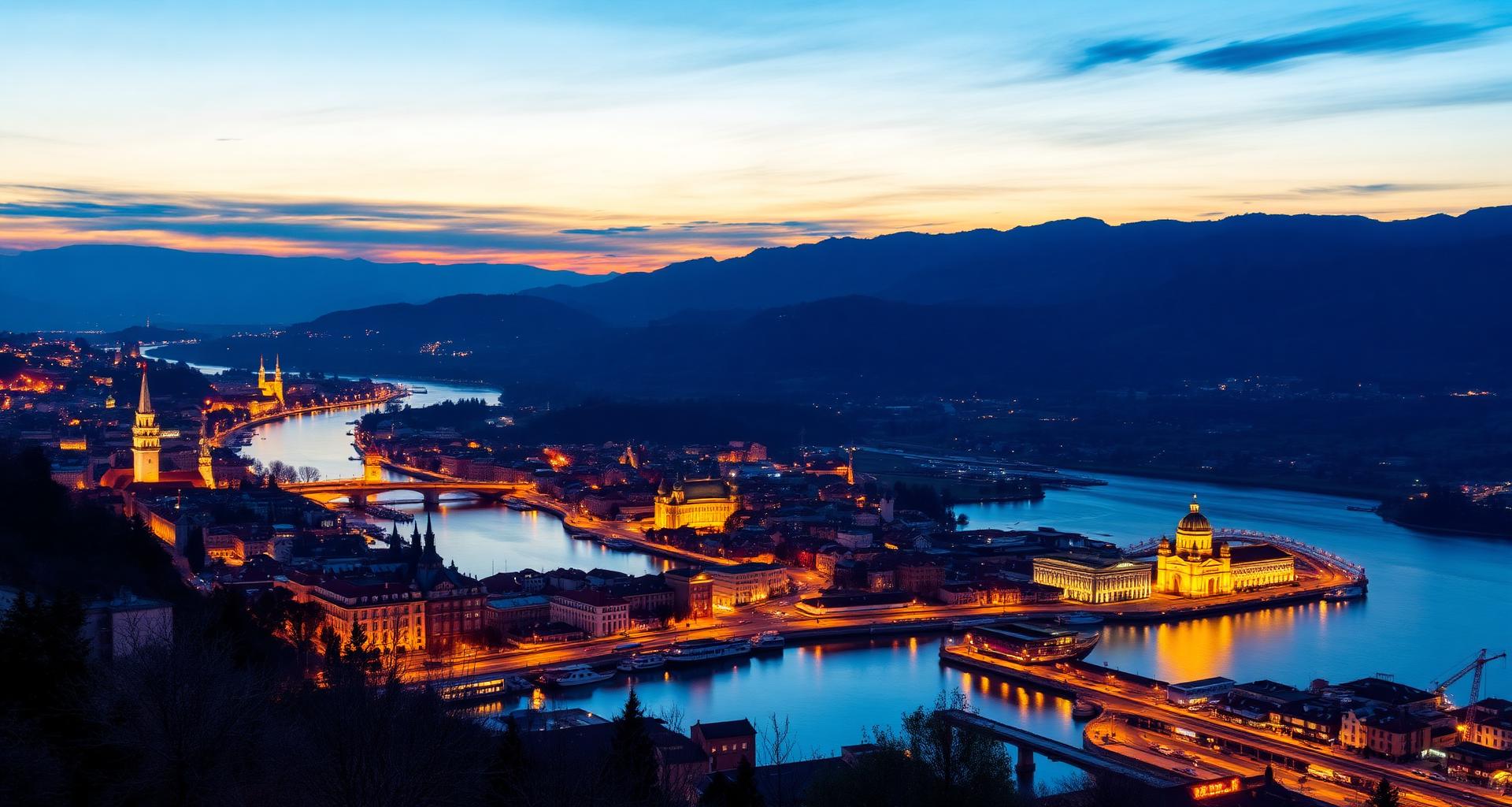 Podgorica skyline at dusk with the Morača river